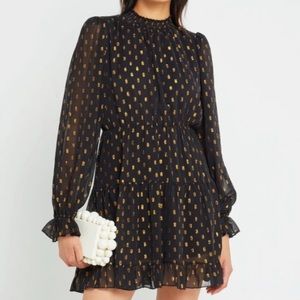 New OPT Black Gold Metallic Smocked Mini Dress
